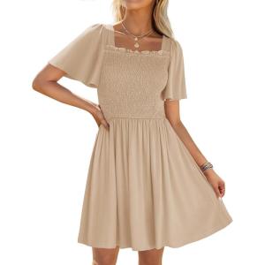imageZESICA Womens 2025 Summer Casual Mini Dress Flutter Short Sleeve Square Neck Smocked Tiered Ruffle Flowy DressesApricot