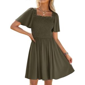 imageZESICA Womens 2025 Summer Casual Mini Dress Flutter Short Sleeve Square Neck Smocked Tiered Ruffle Flowy DressesArmygreen