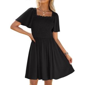 imageZESICA Womens 2025 Summer Casual Mini Dress Flutter Short Sleeve Square Neck Smocked Tiered Ruffle Flowy DressesBlack