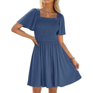 imageZESICA Womens 2025 Summer Casual Mini Dress Flutter Short Sleeve Square Neck Smocked Tiered Ruffle Flowy DressesDustyblue