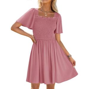imageZESICA Womens 2025 Summer Casual Mini Dress Flutter Short Sleeve Square Neck Smocked Tiered Ruffle Flowy DressesPink