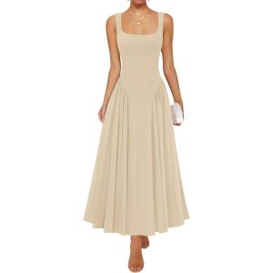 imageZESICA Womens 2025 Summer Sleeveless Square Neck Sundress Casual Long Flowy A Line Beach Vacation Maxi DressesApricot