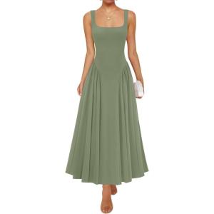 imageZESICA Womens 2025 Summer Sleeveless Square Neck Sundress Casual Long Flowy A Line Beach Vacation Maxi DressesGreen