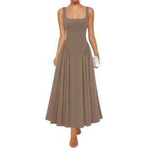 imageZESICA Womens 2025 Summer Sleeveless Square Neck Sundress Casual Long Flowy A Line Beach Vacation Maxi DressesKhaki
