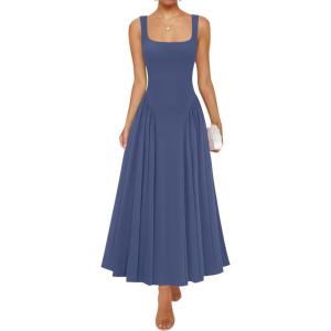 imageZESICA Womens 2025 Summer Sleeveless Square Neck Sundress Casual Long Flowy A Line Beach Vacation Maxi DressesNavy