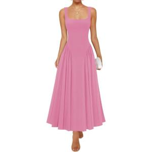 imageZESICA Womens 2025 Summer Sleeveless Square Neck Sundress Casual Long Flowy A Line Beach Vacation Maxi DressesPink