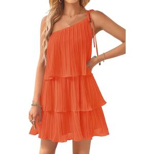 imageZESICA Womens Boho Summer One Shoulder Sleeveless Ruffle Tiered Layered Chiffon Pleated A Line Flowy Mini DressOrange