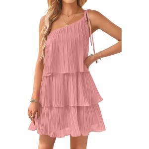 imageZESICA Womens Boho Summer One Shoulder Sleeveless Ruffle Tiered Layered Chiffon Pleated A Line Flowy Mini DressPink