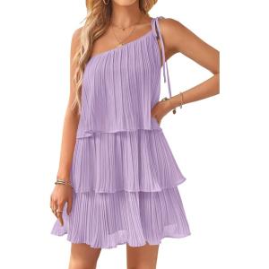 imageZESICA Womens Boho Summer One Shoulder Sleeveless Ruffle Tiered Layered Chiffon Pleated A Line Flowy Mini DressPurple