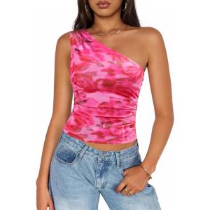 imageZESICA Womens Going Out Tank Top Summer Floral Off Shoulder Slim Fit Y2K Crop Tops Beach Vacation OutfitsPink