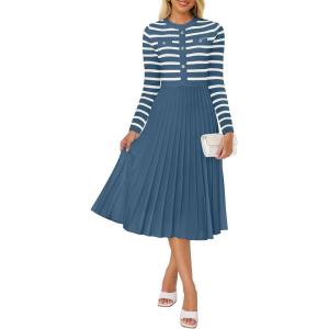 imageZESICA Womens Long Sleeve Striped Midi Dresses Crewneck Button Ribbed Knit Pleated A Line Swing Sweater DressDark Blue