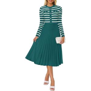imageZESICA Womens Long Sleeve Striped Midi Dresses Crewneck Button Ribbed Knit Pleated A Line Swing Sweater DressDark Green