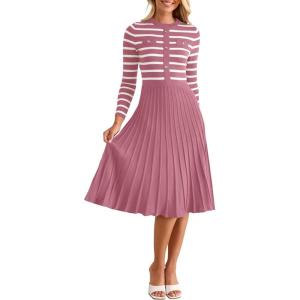 imageZESICA Womens Long Sleeve Striped Midi Dresses Crewneck Button Ribbed Knit Pleated A Line Swing Sweater DressLilac