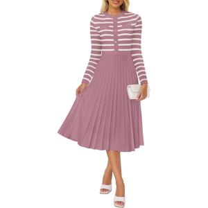 imageZESICA Womens Long Sleeve Striped Midi Dresses Crewneck Button Ribbed Knit Pleated A Line Swing Sweater DressPurple