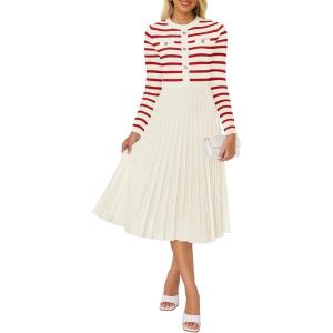 imageZESICA Womens Long Sleeve Striped Midi Dresses Crewneck Button Ribbed Knit Pleated A Line Swing Sweater DressRed