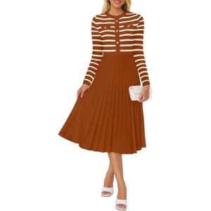 imageZESICA Womens Long Sleeve Striped Midi Dresses Crewneck Button Ribbed Knit Pleated A Line Swing Sweater DressRust