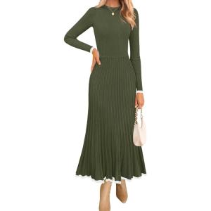 imageZESICA Womens Long Sleeve Sweater Dress Fall Crewneck Ribbed Knit Pleated ALine Maxi Wedding Guest DressesArmy Green