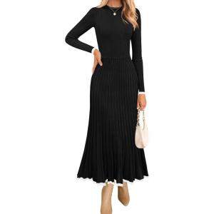 imageZESICA Womens Long Sleeve Sweater Dress Fall Crewneck Ribbed Knit Pleated ALine Maxi Wedding Guest DressesBlack