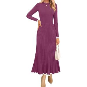 imageZESICA Womens Long Sleeve Sweater Dress Fall Crewneck Ribbed Knit Pleated ALine Maxi Wedding Guest DressesFuchsia