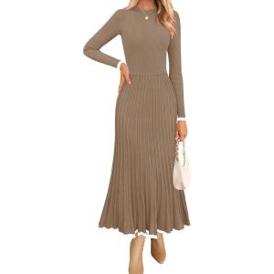 imageZESICA Womens Long Sleeve Sweater Dress Fall Crewneck Ribbed Knit Pleated ALine Maxi Wedding Guest DressesKhaki