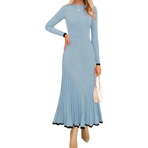 imageZESICA Womens Long Sleeve Sweater Dress Fall Crewneck Ribbed Knit Pleated ALine Maxi Wedding Guest DressesLight Blue