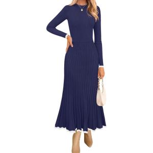 imageZESICA Womens Long Sleeve Sweater Dress Fall Crewneck Ribbed Knit Pleated ALine Maxi Wedding Guest DressesNavy