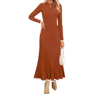 imageZESICA Womens Long Sleeve Sweater Dress Fall Crewneck Ribbed Knit Pleated ALine Maxi Wedding Guest DressesOrange Red