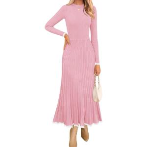 imageZESICA Womens Long Sleeve Sweater Dress Fall Crewneck Ribbed Knit Pleated ALine Maxi Wedding Guest DressesPink
