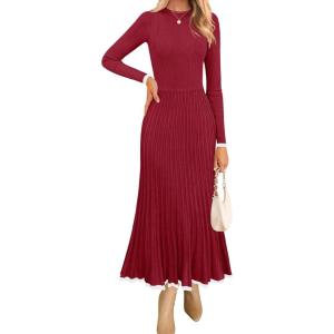 imageZESICA Womens Long Sleeve Sweater Dress Fall Crewneck Ribbed Knit Pleated ALine Maxi Wedding Guest DressesWine