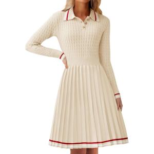 imageZESICA Womens Midi Sweater Dress 2025 Spring Long Sleeve Cable Ribbed Knit A Line Swing Pleated DressesBeige