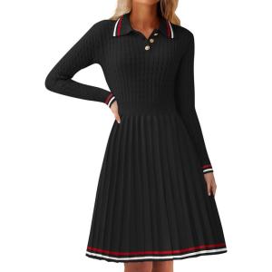 imageZESICA Womens Midi Sweater Dress 2025 Spring Long Sleeve Cable Ribbed Knit A Line Swing Pleated DressesBlack