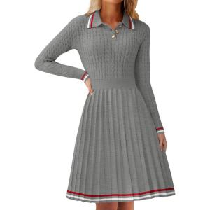 imageZESICA Womens Midi Sweater Dress 2025 Spring Long Sleeve Cable Ribbed Knit A Line Swing Pleated DressesGrey