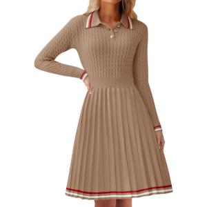 imageZESICA Womens Midi Sweater Dress 2025 Spring Long Sleeve Cable Ribbed Knit A Line Swing Pleated DressesKhaki