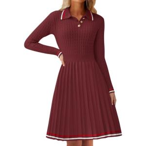 imageZESICA Womens Midi Sweater Dress 2025 Spring Long Sleeve Cable Ribbed Knit A Line Swing Pleated DressesRed