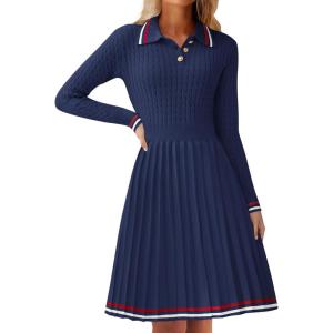 imageZESICA Womens Midi Sweater Dress 2025 Spring Long Sleeve Cable Ribbed Knit A Line Swing Pleated DressesRoyal Blue