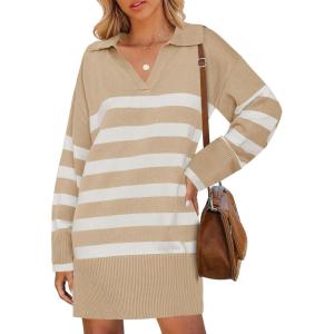 imageZESICA Womens Striped Sweater Dress Spring Long Sleeve V Neck Collar Loose Knit Mini DressesKhaki