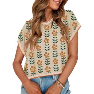 imageZESICA Womens Summer Casual Printed Tops Cap Sleeve Crew Neck Cute Knit Sweaters 2025 Trendy Clothes OutfitsApricot
