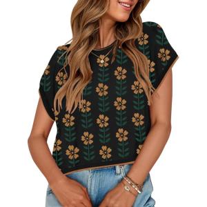 imageZESICA Womens Summer Casual Printed Tops Cap Sleeve Crew Neck Cute Knit Sweaters 2025 Trendy Clothes OutfitsBlack