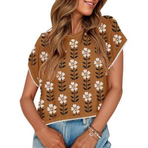 imageZESICA Womens Summer Casual Printed Tops Cap Sleeve Crew Neck Cute Knit Sweaters 2025 Trendy Clothes OutfitsCaramel