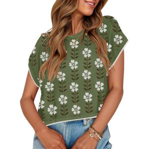 imageZESICA Womens Summer Casual Printed Tops Cap Sleeve Crew Neck Cute Knit Sweaters 2025 Trendy Clothes OutfitsDustygreen