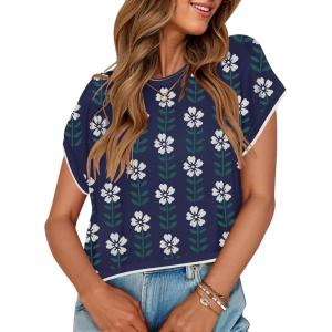 imageZESICA Womens Summer Casual Printed Tops Cap Sleeve Crew Neck Cute Knit Sweaters 2025 Trendy Clothes OutfitsNavy