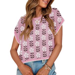 imageZESICA Womens Summer Casual Printed Tops Cap Sleeve Crew Neck Cute Knit Sweaters 2025 Trendy Clothes OutfitsPink