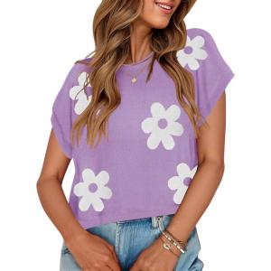 imageZESICA Womens Summer Casual Printed Tops Cap Sleeve Crew Neck Cute Knit Sweaters 2025 Trendy Clothes OutfitsPurple