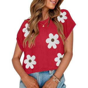imageZESICA Womens Summer Casual Printed Tops Cap Sleeve Crew Neck Cute Knit Sweaters 2025 Trendy Clothes OutfitsRed