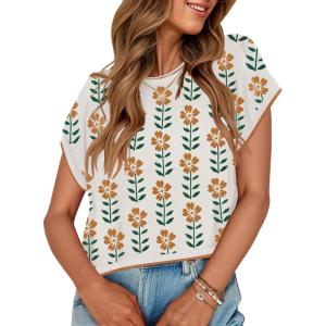 imageZESICA Womens Summer Casual Printed Tops Cap Sleeve Crew Neck Cute Knit Sweaters 2025 Trendy Clothes OutfitsWhite