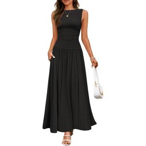 imageZESICA Womens Summer Sleeveless Maxi Dress 2025 Casual Crewneck Pleated Flowy Long Dress with PocketsBlack