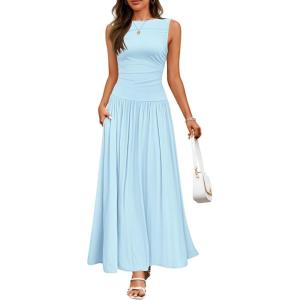 imageZESICA Womens Summer Sleeveless Maxi Dress 2025 Casual Crewneck Pleated Flowy Long Dress with PocketsBlue