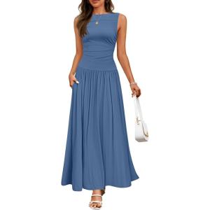 imageZESICA Womens Summer Sleeveless Maxi Dress 2025 Casual Crewneck Pleated Flowy Long Dress with PocketsDustyblue