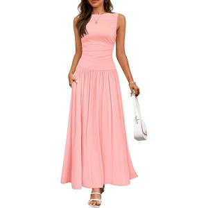 imageZESICA Womens Summer Sleeveless Maxi Dress 2025 Casual Crewneck Pleated Flowy Long Dress with PocketsPink