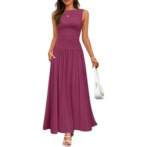 imageZESICA Womens Summer Sleeveless Maxi Dress 2025 Casual Crewneck Pleated Flowy Long Dress with PocketsPlum
